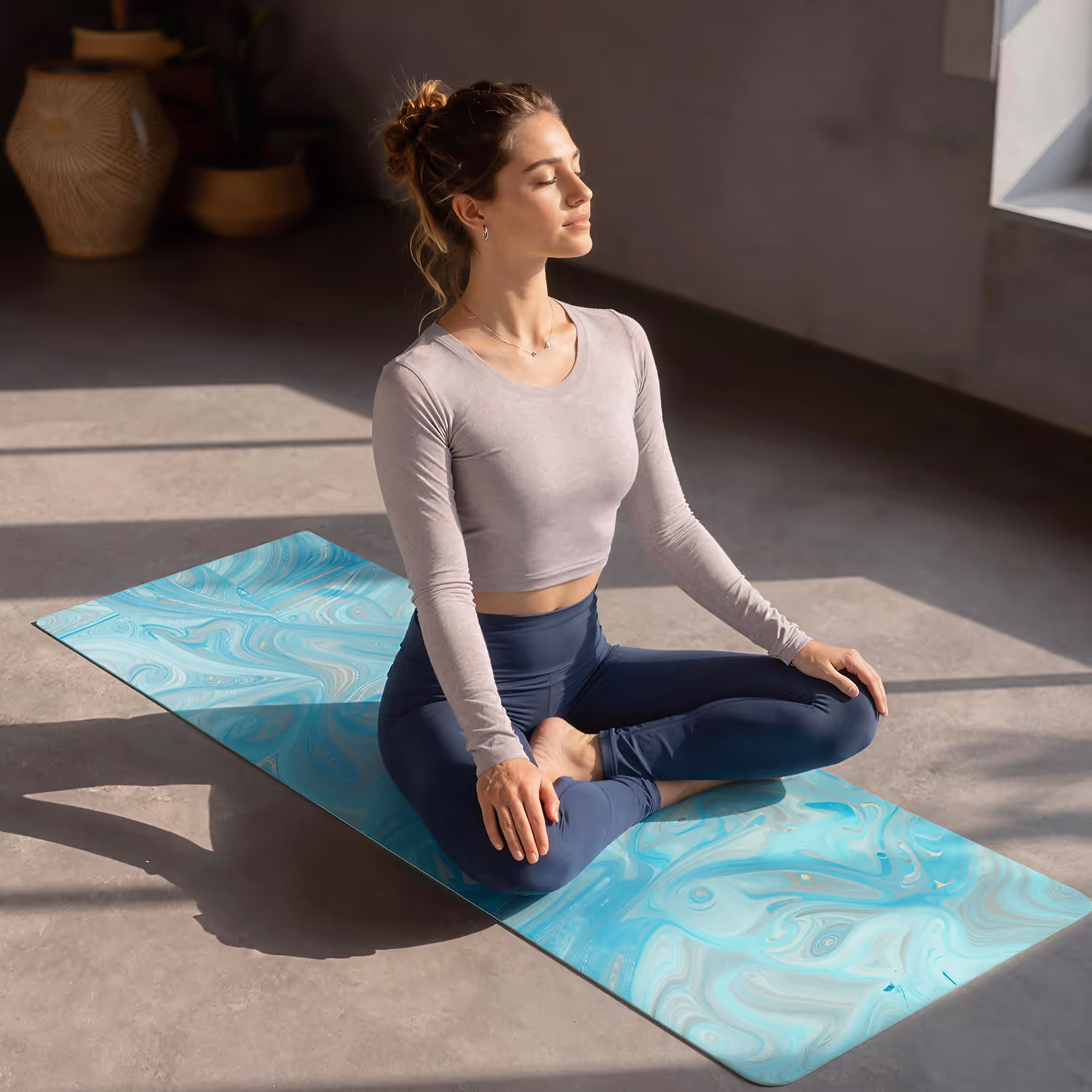 Woman sitting cross-legged on a blue marbled yoga mat in a sunlit room with eyes closed, meditating calmly.